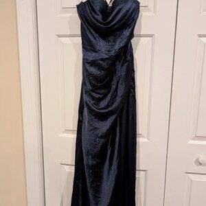 An elegant navy blue evening gown